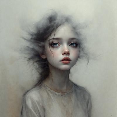 The primary subject of the image is a young woman with a ponytail, who is looking at the camera. She has a pink lipstick on her lips and is wearing a white shirt. The setting is a white background, which creates a clean and minimalistic look. The visual style is a painting, which adds an artistic and creative touch to the image. The colors and mood are predominantly white, which gives the image a calm and serene atmosphere.
